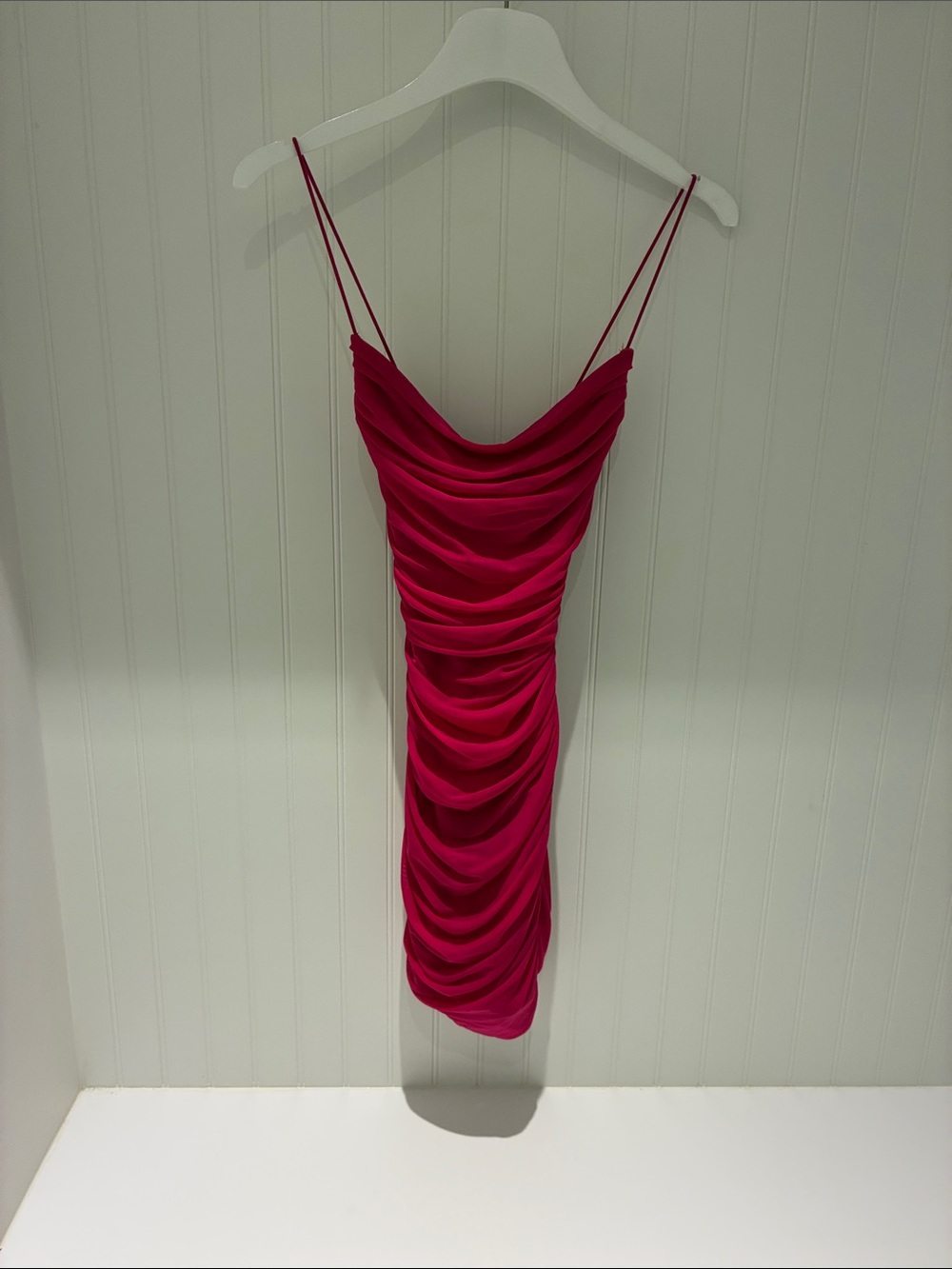 Ruched Cowl Neck Mini Dress in Fuchsia - Sleek Spaghetti Strap Design